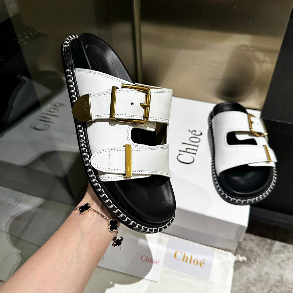 CHLOÉ DAD SANDALS IN WHITE CALFSKIN WITH GOLD HARDWARE