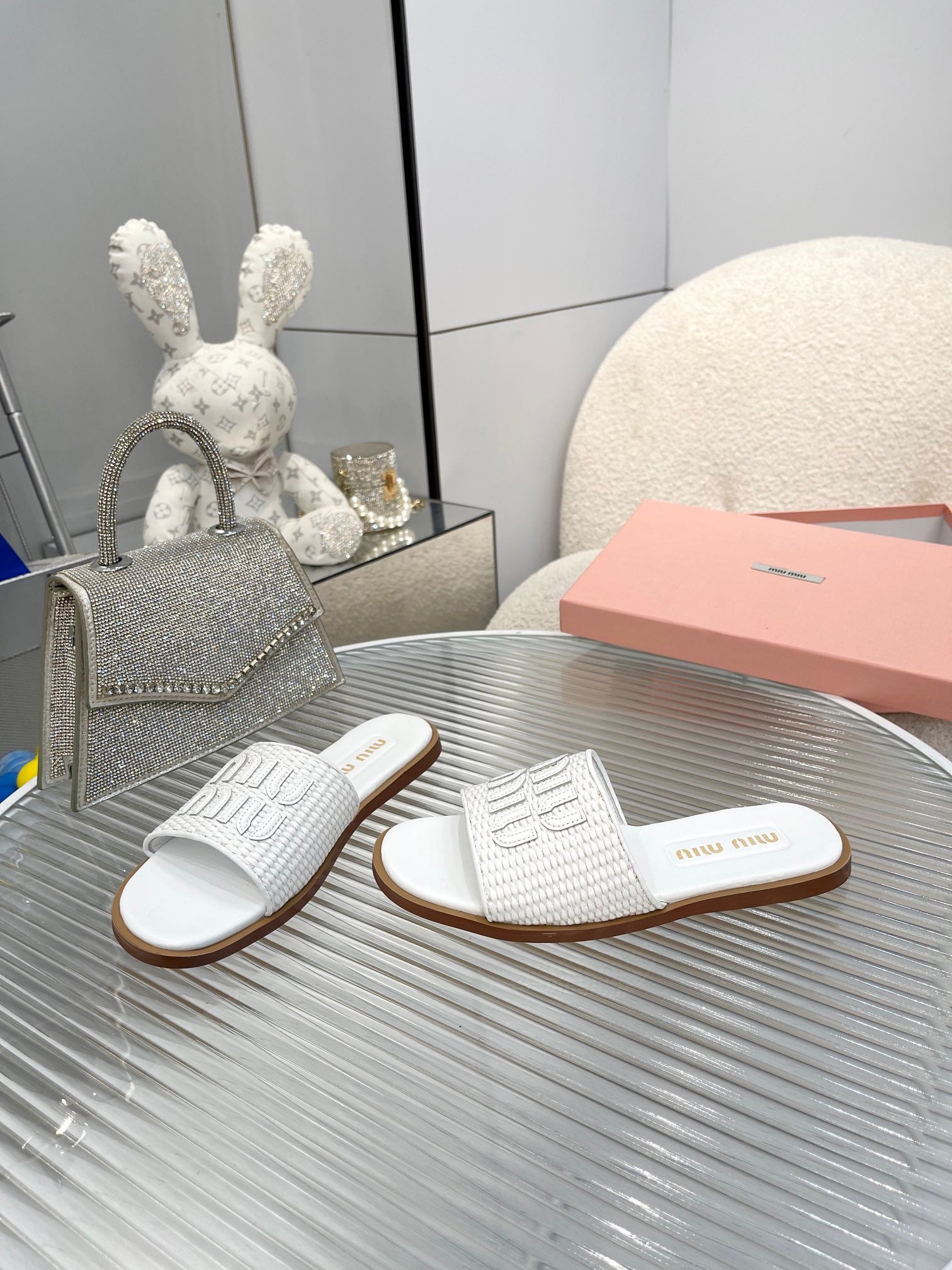 Slippers White Leather With Sedge Straps