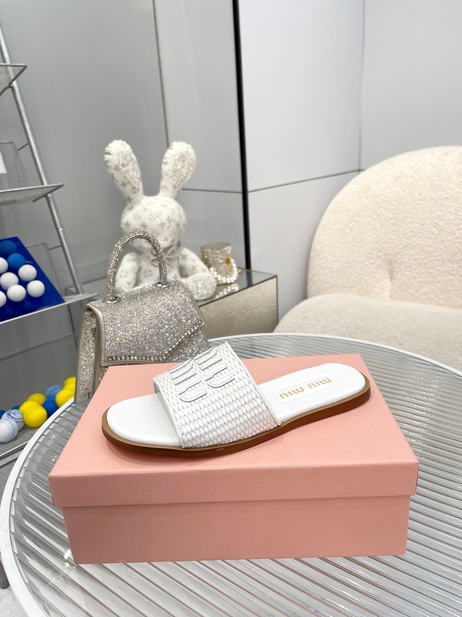 Slippers White Leather With Sedge Straps