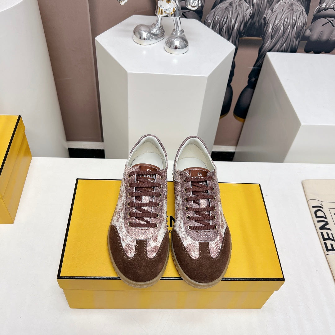 FENDI FLIGHT SNEAKER IN UMBER BROWN SUEDE AND LAMBSKIN