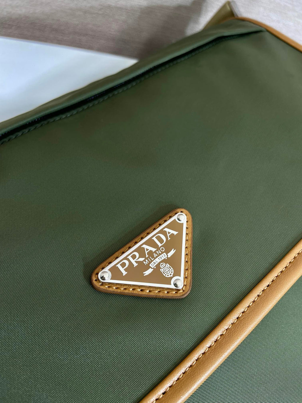 LARGE FLAP BAG 30 IN SEAWEED GREEN RE-NYLON AND BROWN CALFSKIN TRIM