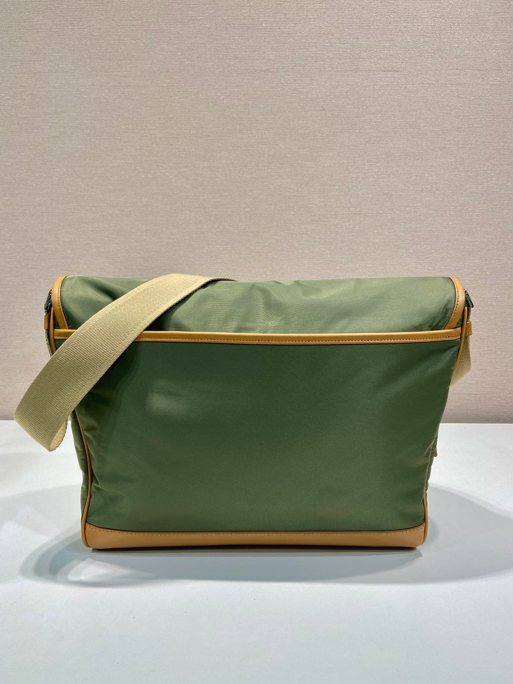 LARGE FLAP BAG 30 IN SEAWEED GREEN RE-NYLON AND BROWN CALFSKIN TRIM