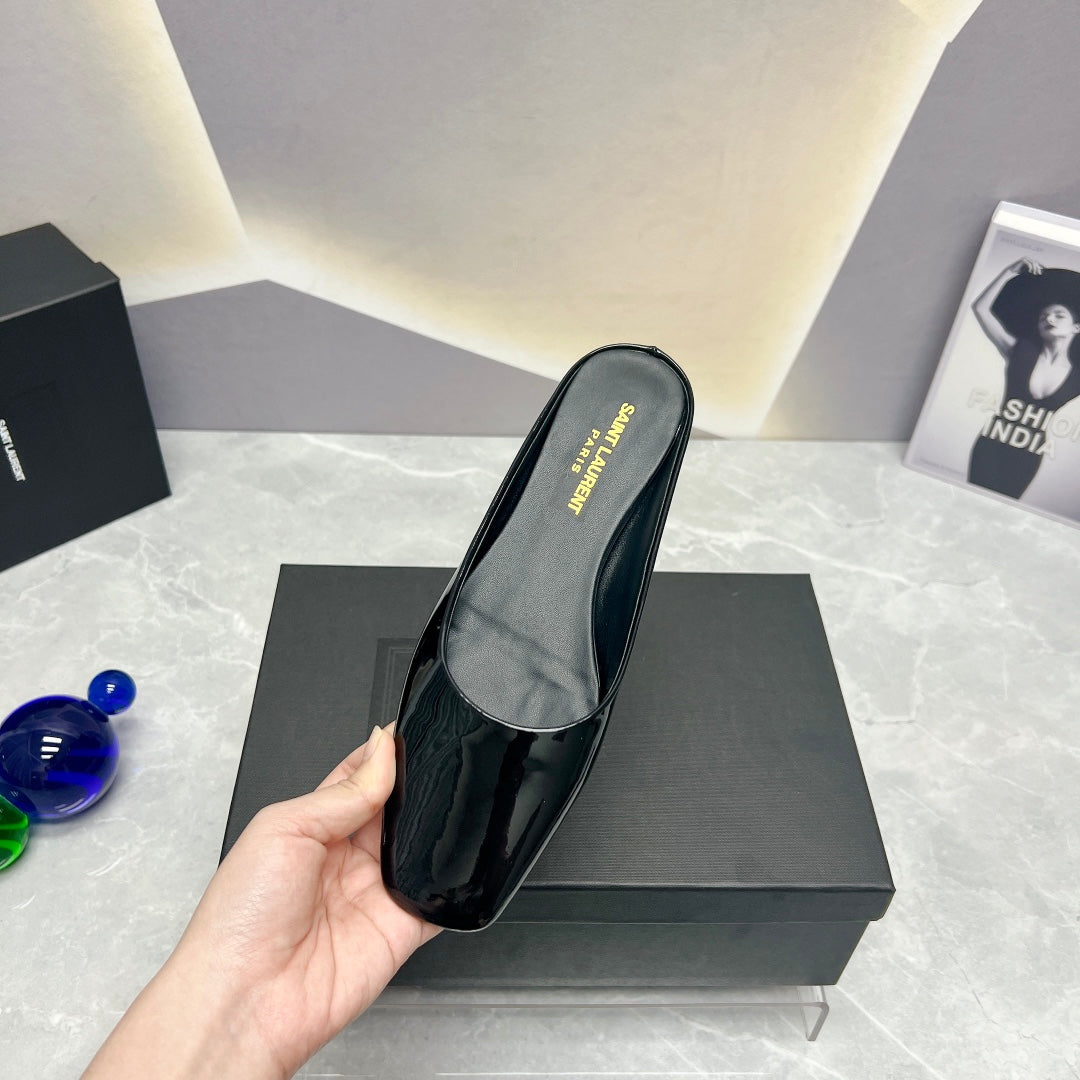 SL SQUARE TOE FLAT MULES BLACK POLISHED CALFSKIN