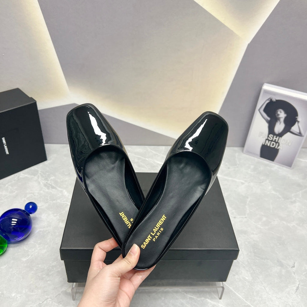 SL SQUARE TOE FLAT MULES BLACK POLISHED CALFSKIN