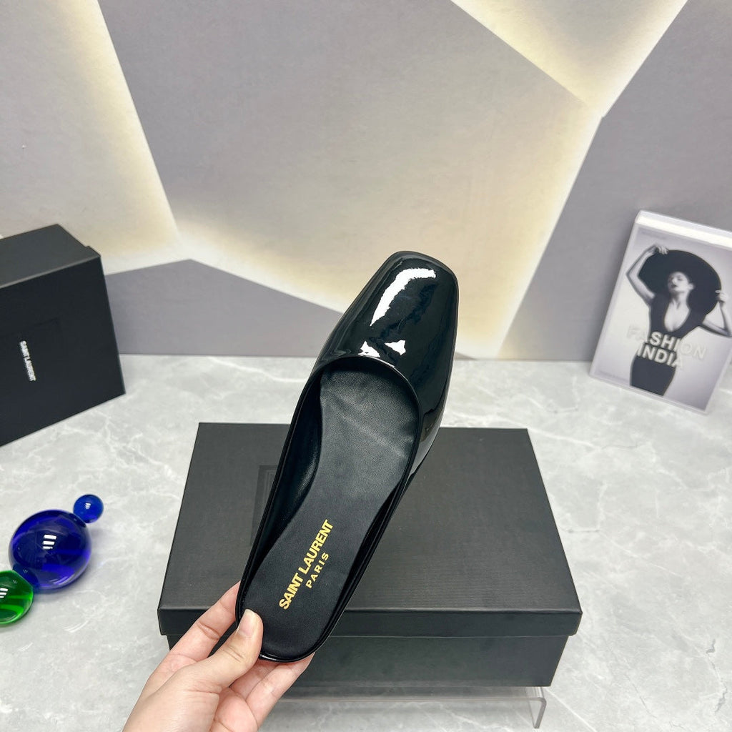 SL SQUARE TOE FLAT MULES BLACK POLISHED CALFSKIN