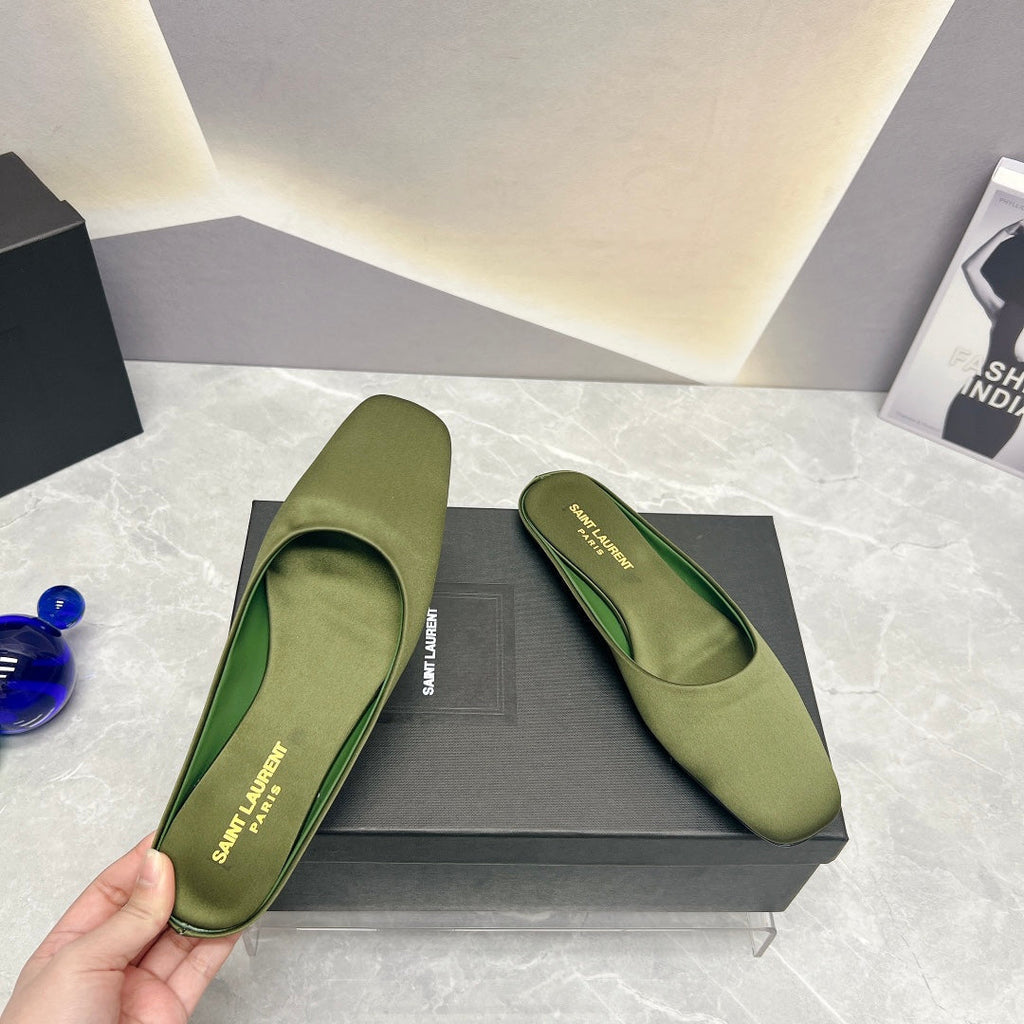 SL SQUARE TOE FLAT MULES MOSS SATIN