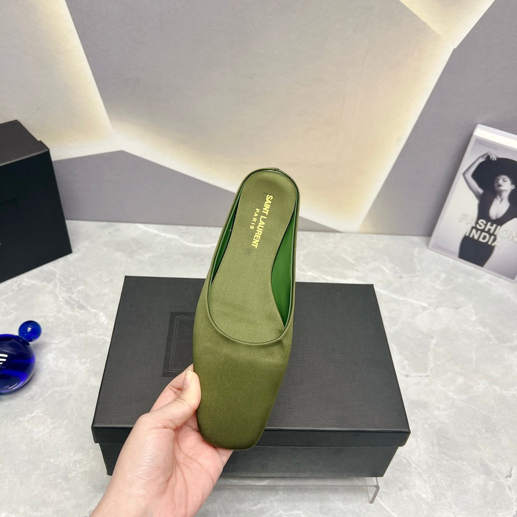 SL SQUARE TOE FLAT MULES MOSS SATIN