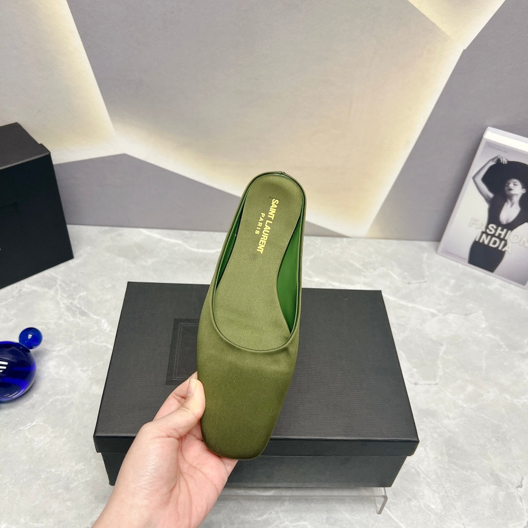 SL SQUARE TOE FLAT MULES MOSS SATIN