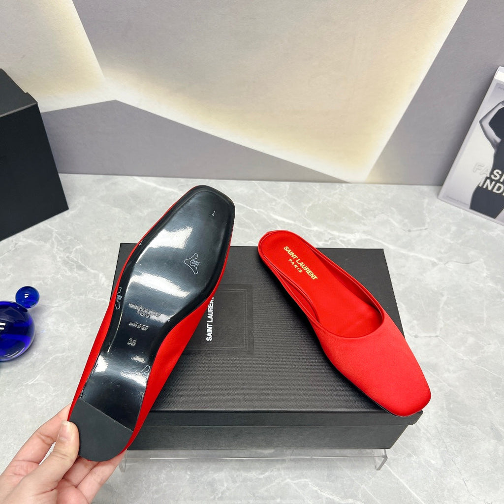 SL SQUARE TOE FLAT MULES RED SATIN