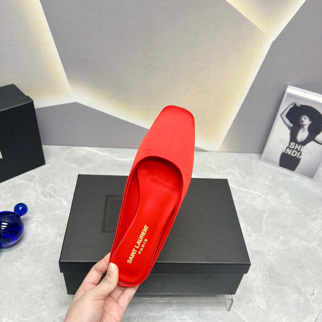 SL SQUARE TOE FLAT MULES RED SATIN