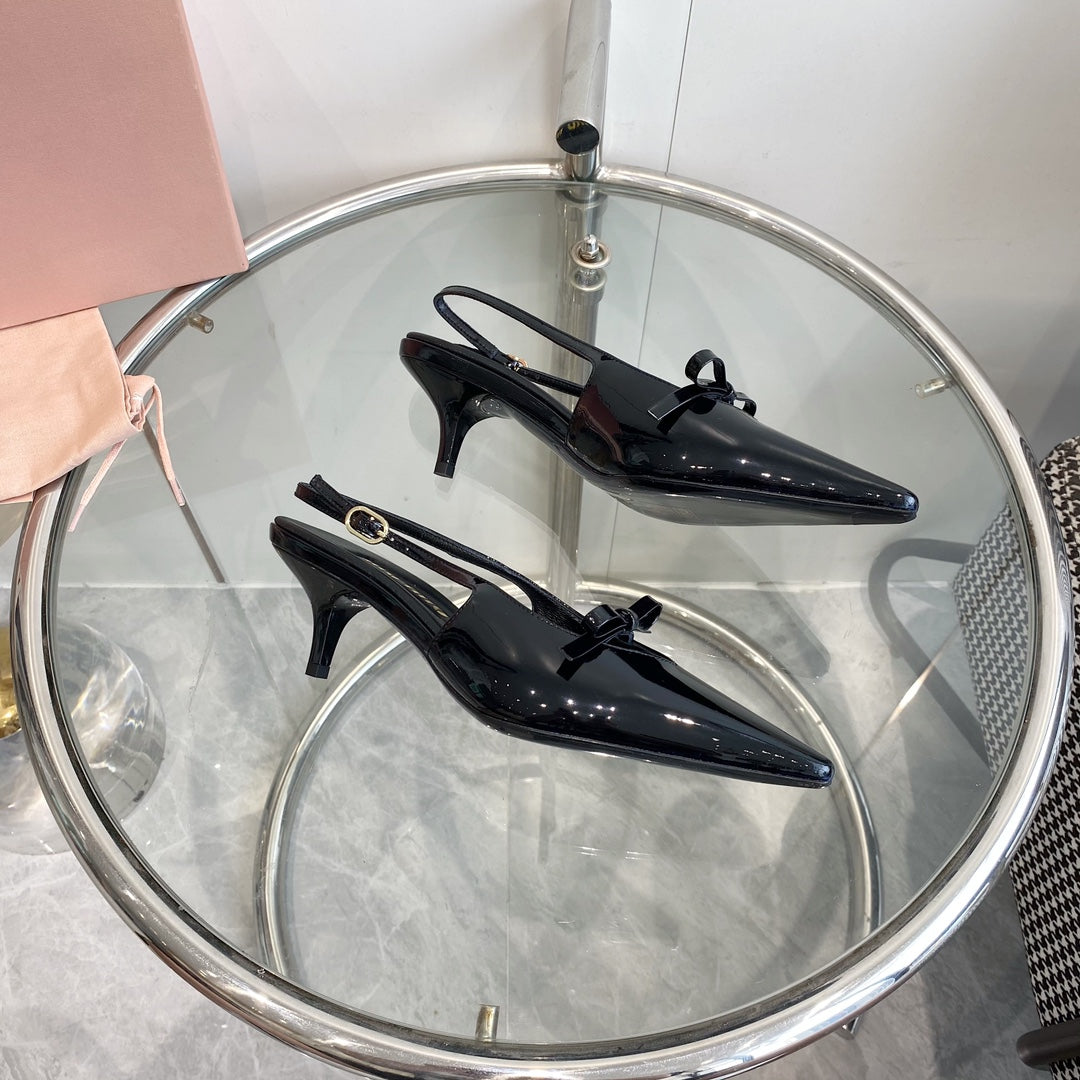 HIGH-SLINGBACK POINTED TOE SANDALS BLACK COWHIDE WITH BOW