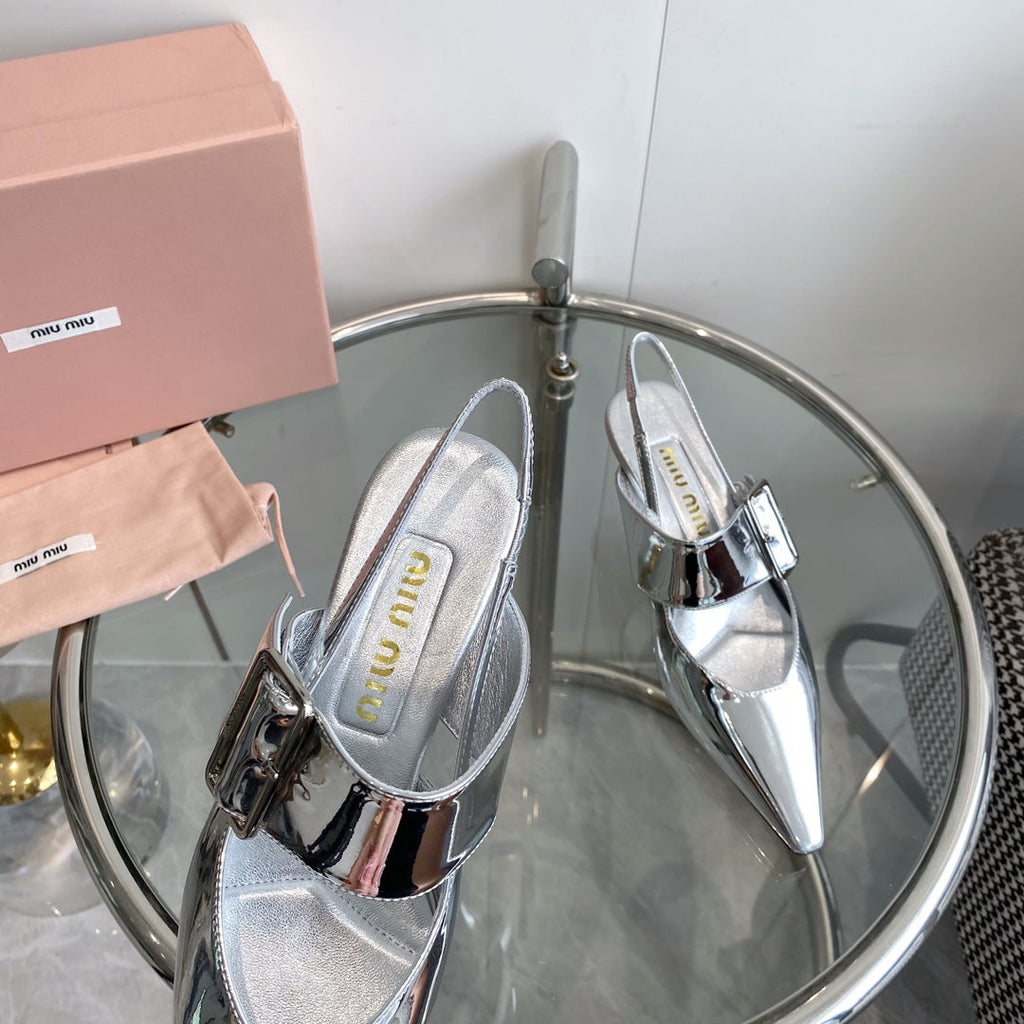 HIGH-SLINGBACK POINTED TOE SANDALS SILVER COWHIDE