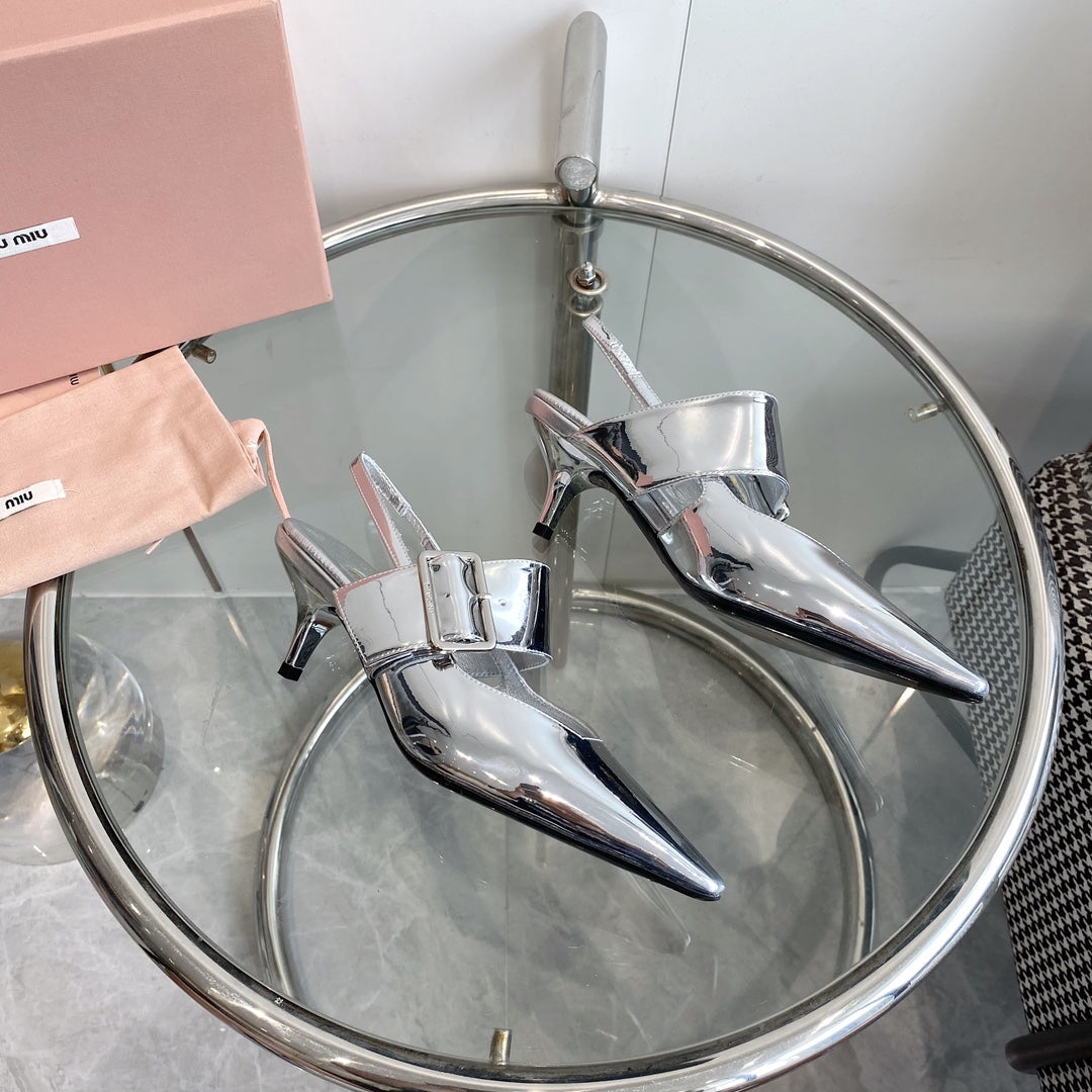 HIGH-SLINGBACK POINTED TOE SANDALS SILVER COWHIDE