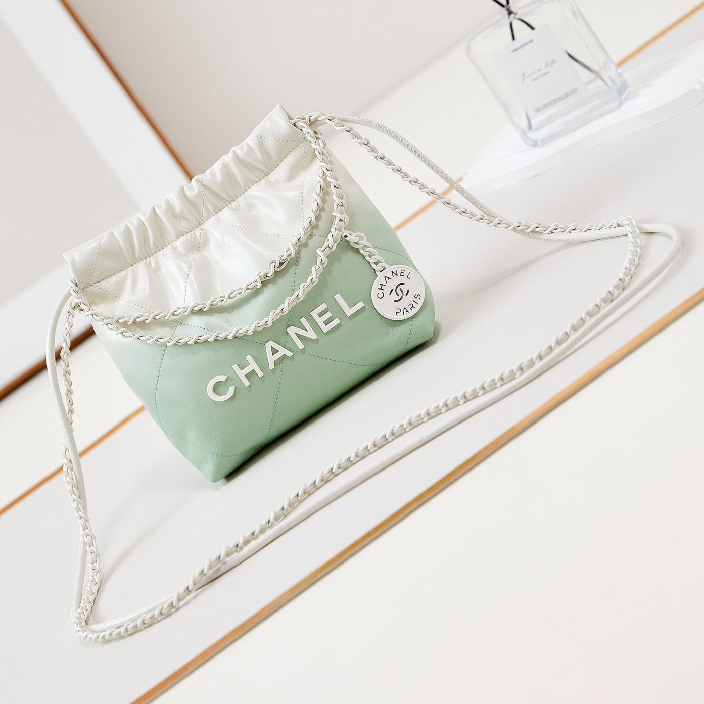 CC MINI 20 HOBO BAG IN WHITE MIX LIGHT GREEN CALFSKIN