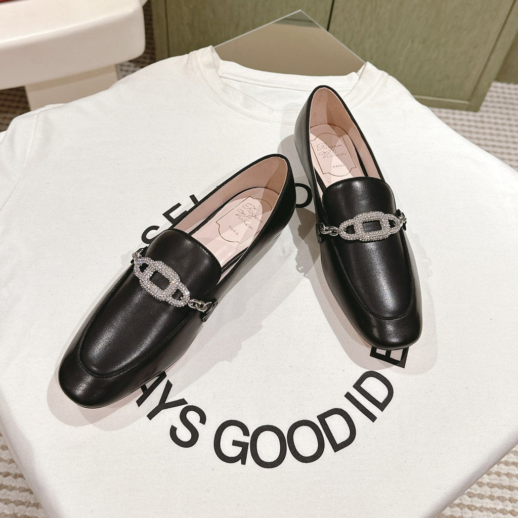 STRASS CHAIN LOAFERS IN BLACK CALFSKIN WITH CRYSTAL CHAIN DETAIL
