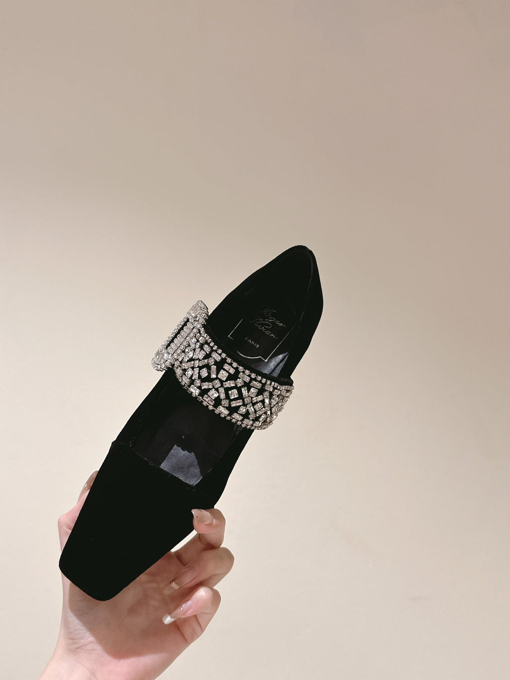 MARY JANES IN BLACK VELVET WITH CRYSTAL EMBELLISHED STRAP