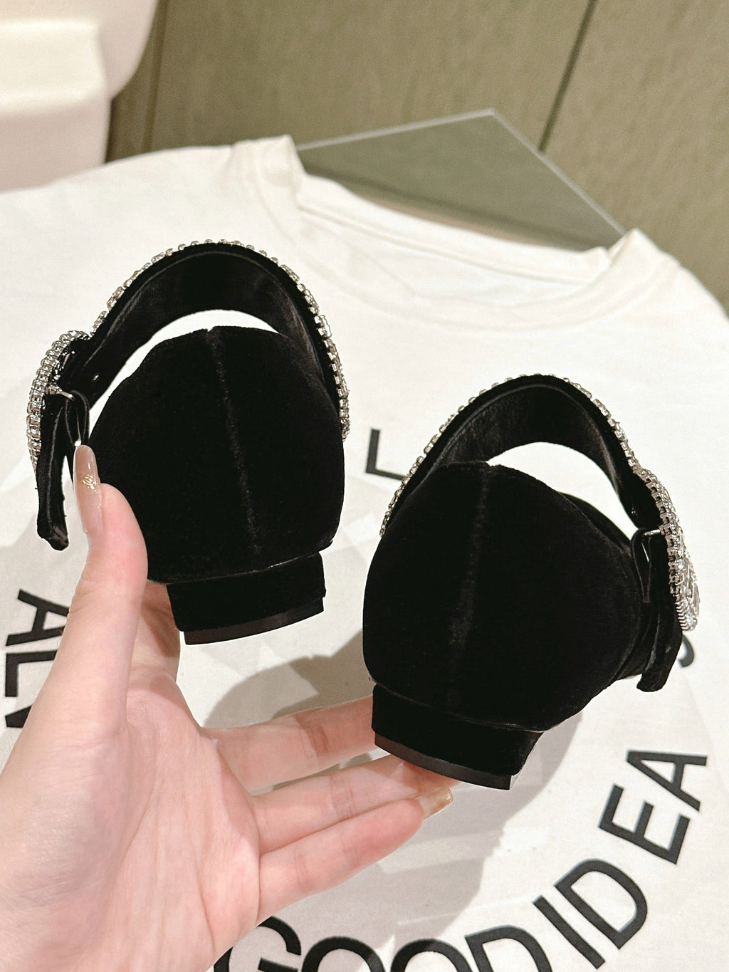 MARY JANES IN BLACK VELVET WITH CRYSTAL EMBELLISHED STRAP