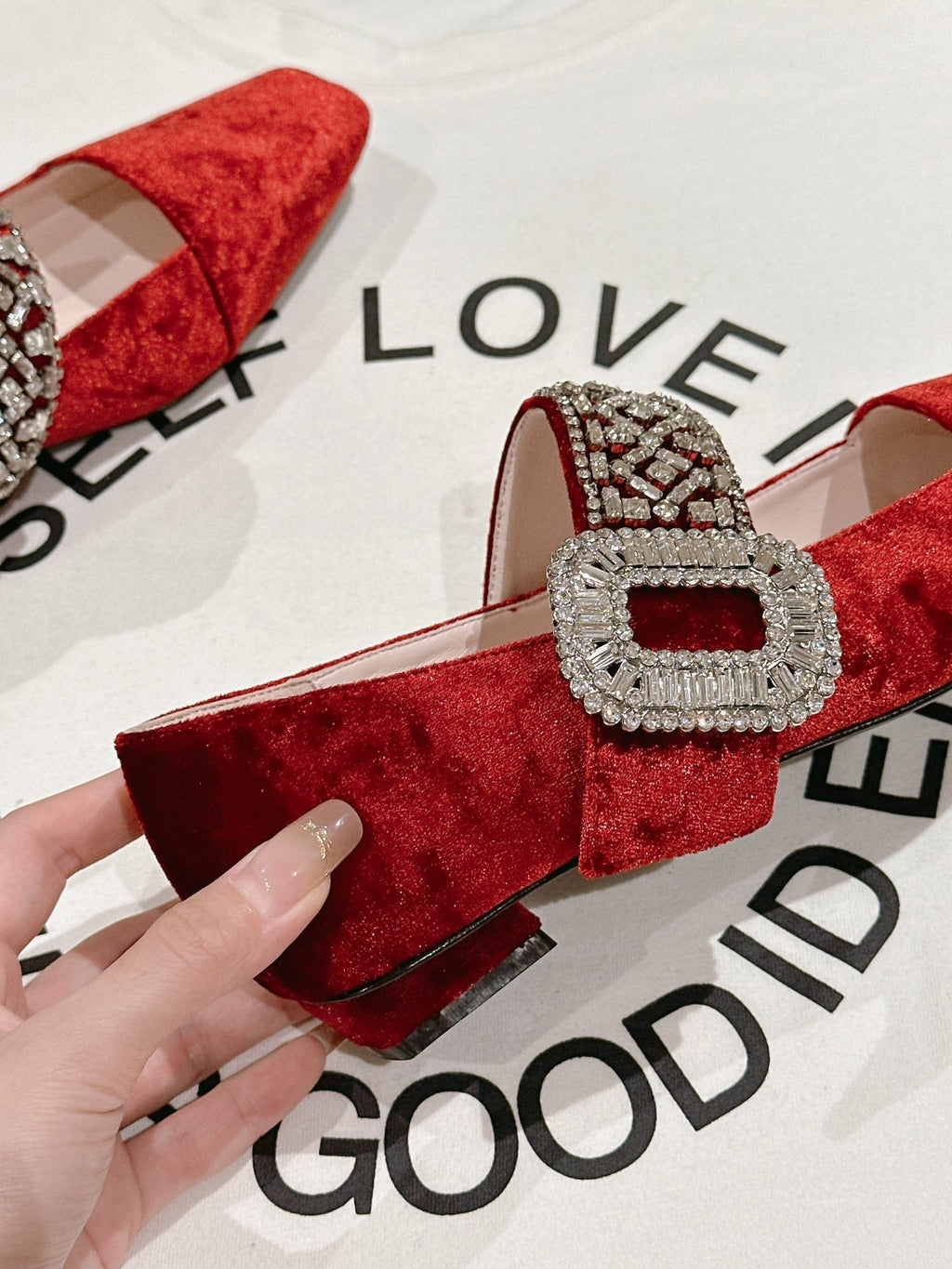 MARY JANES IN RED VELVET WITH CRYSTAL EMBELLISHED STRAP