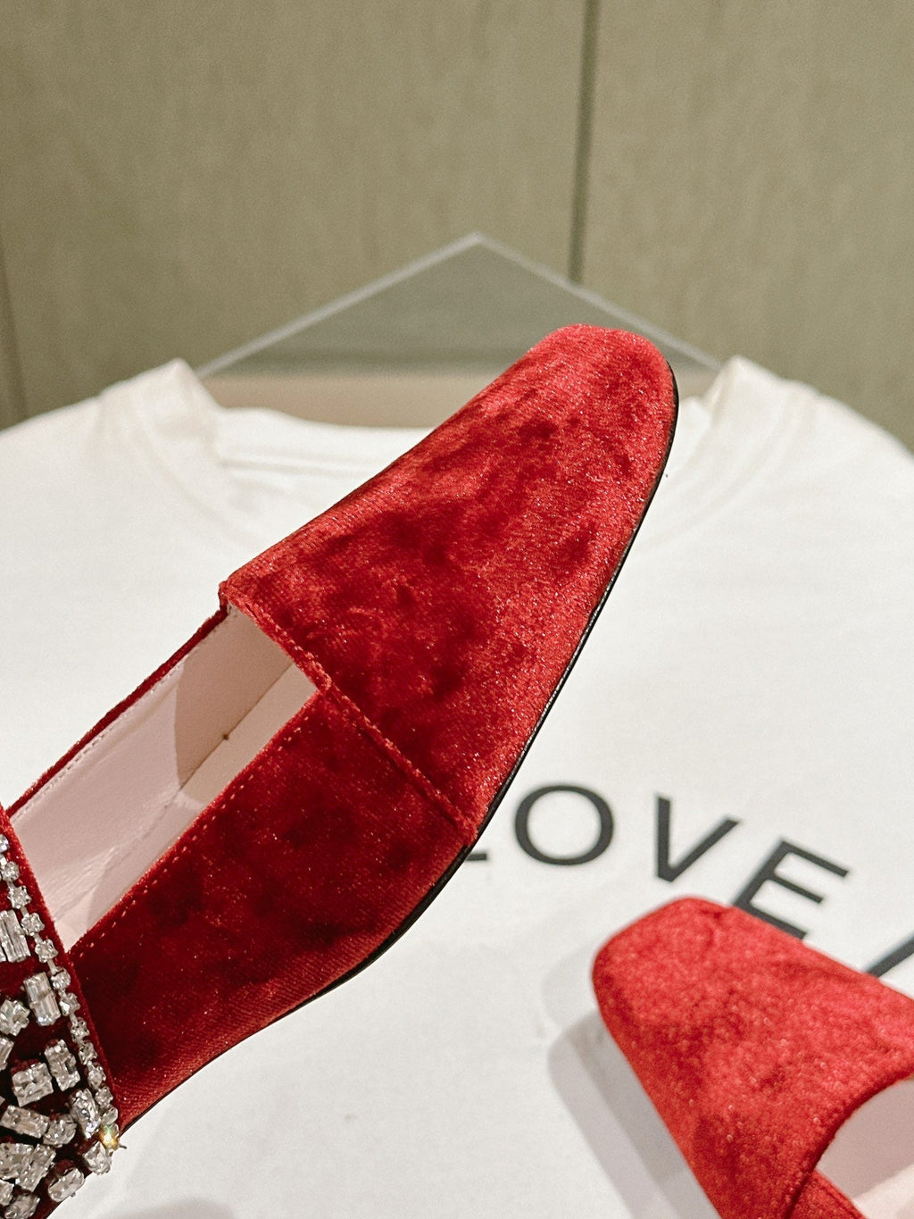 MARY JANES IN RED VELVET WITH CRYSTAL EMBELLISHED STRAP