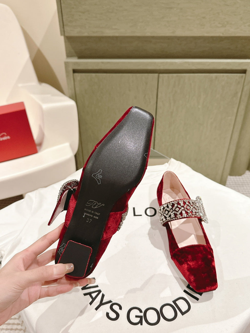 MARY JANES IN RED VELVET WITH CRYSTAL EMBELLISHED STRAP