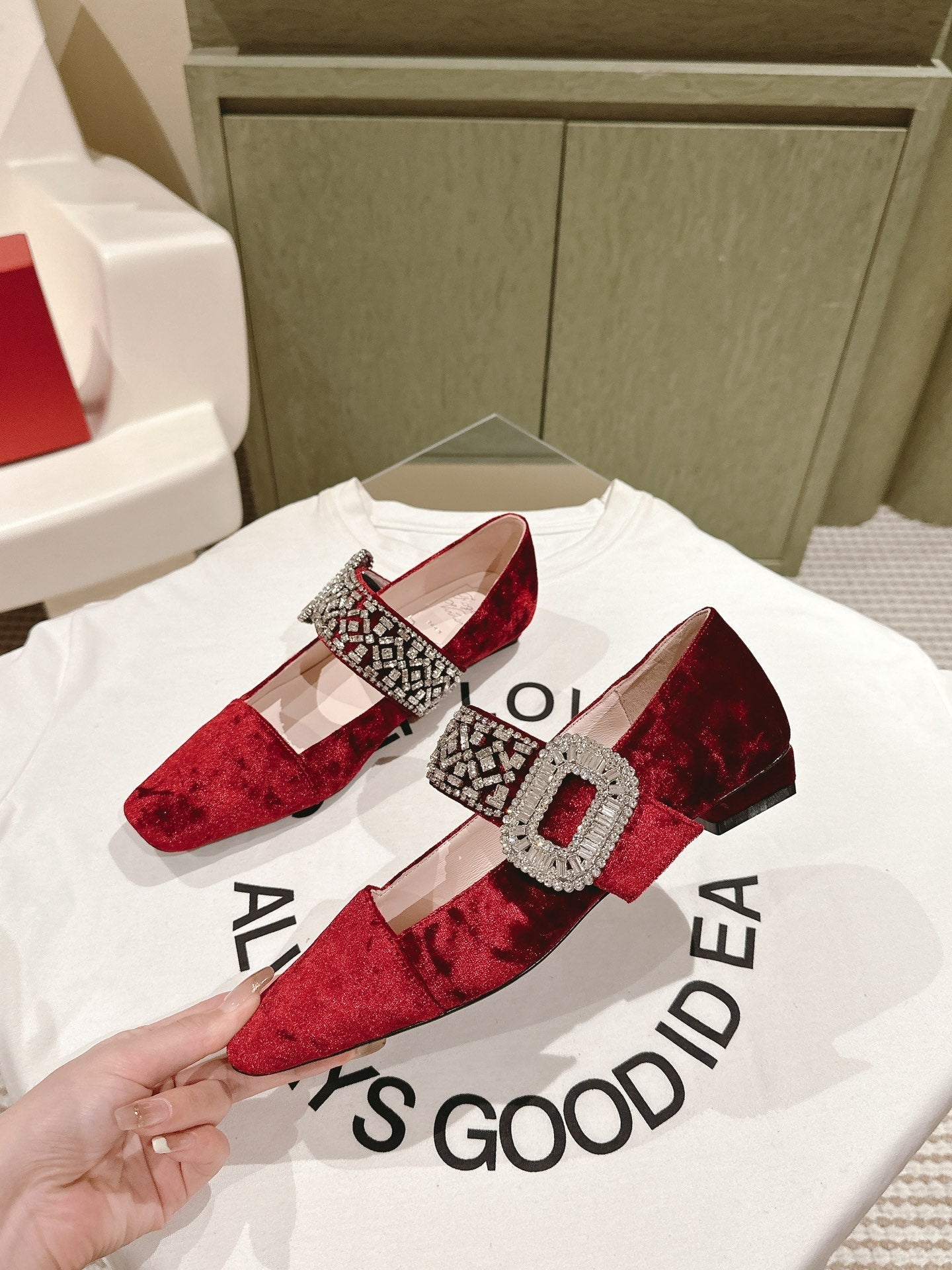 MARY JANES IN RED VELVET WITH CRYSTAL EMBELLISHED STRAP
