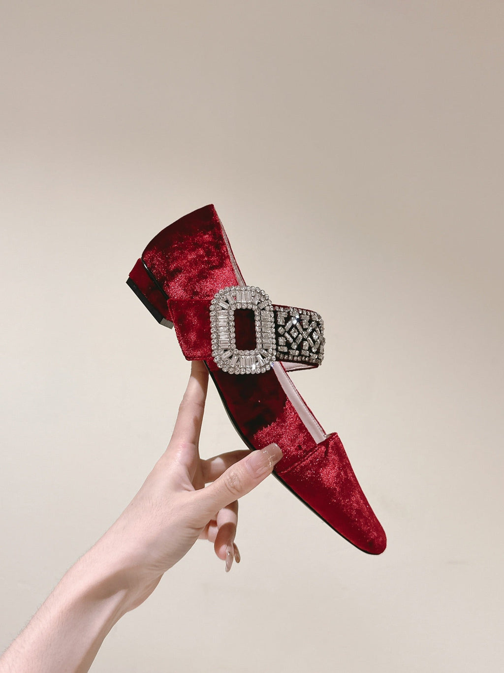 MARY JANES IN RED VELVET WITH CRYSTAL EMBELLISHED STRAP