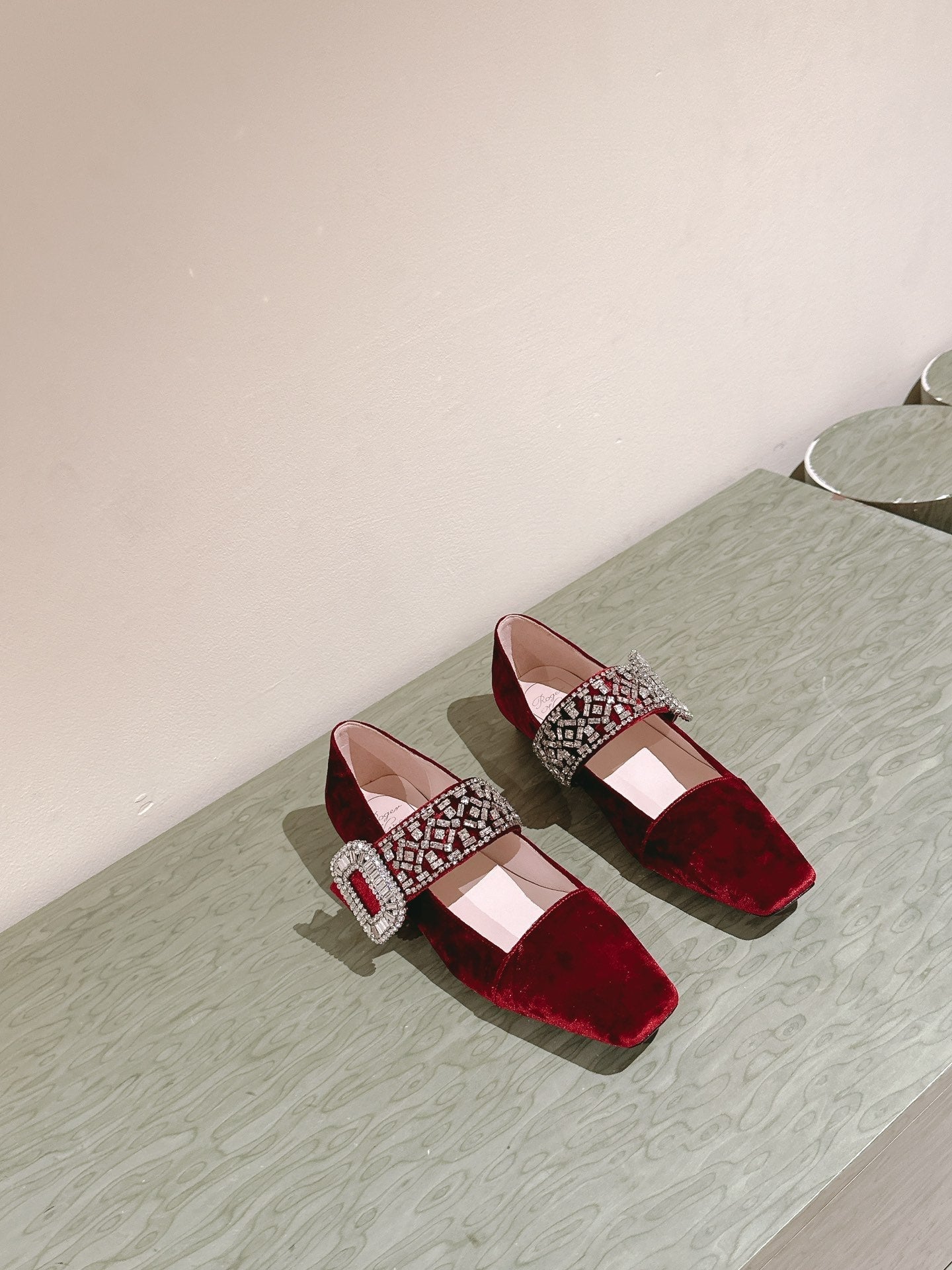 MARY JANES IN RED VELVET WITH CRYSTAL EMBELLISHED STRAP