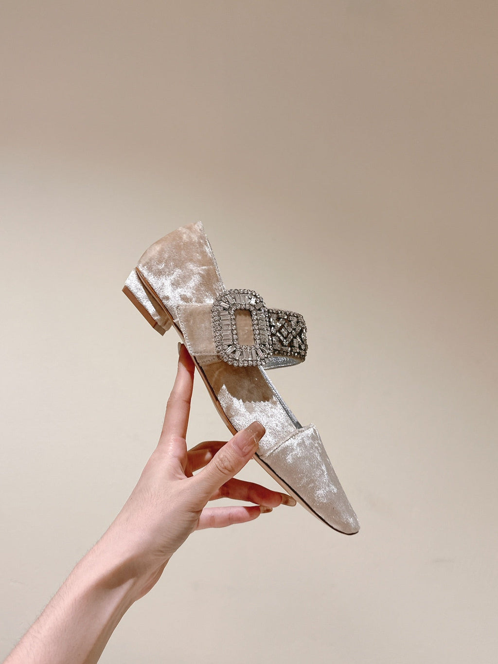 MARY JANES IN BEIGE VELVET WITH CRYSTAL EMBELLISHED STRAP
