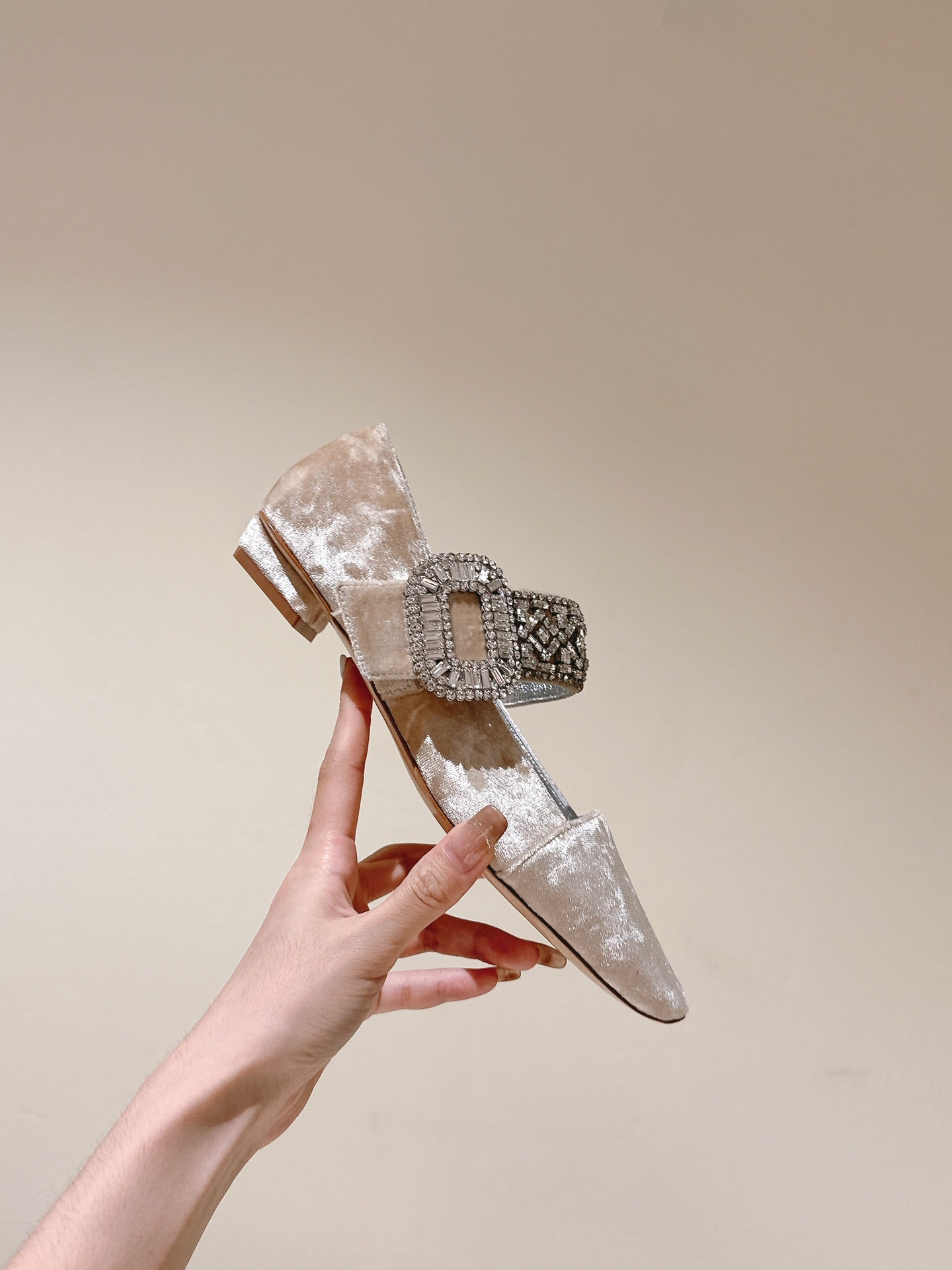 MARY JANES IN BEIGE VELVET WITH CRYSTAL EMBELLISHED STRAP