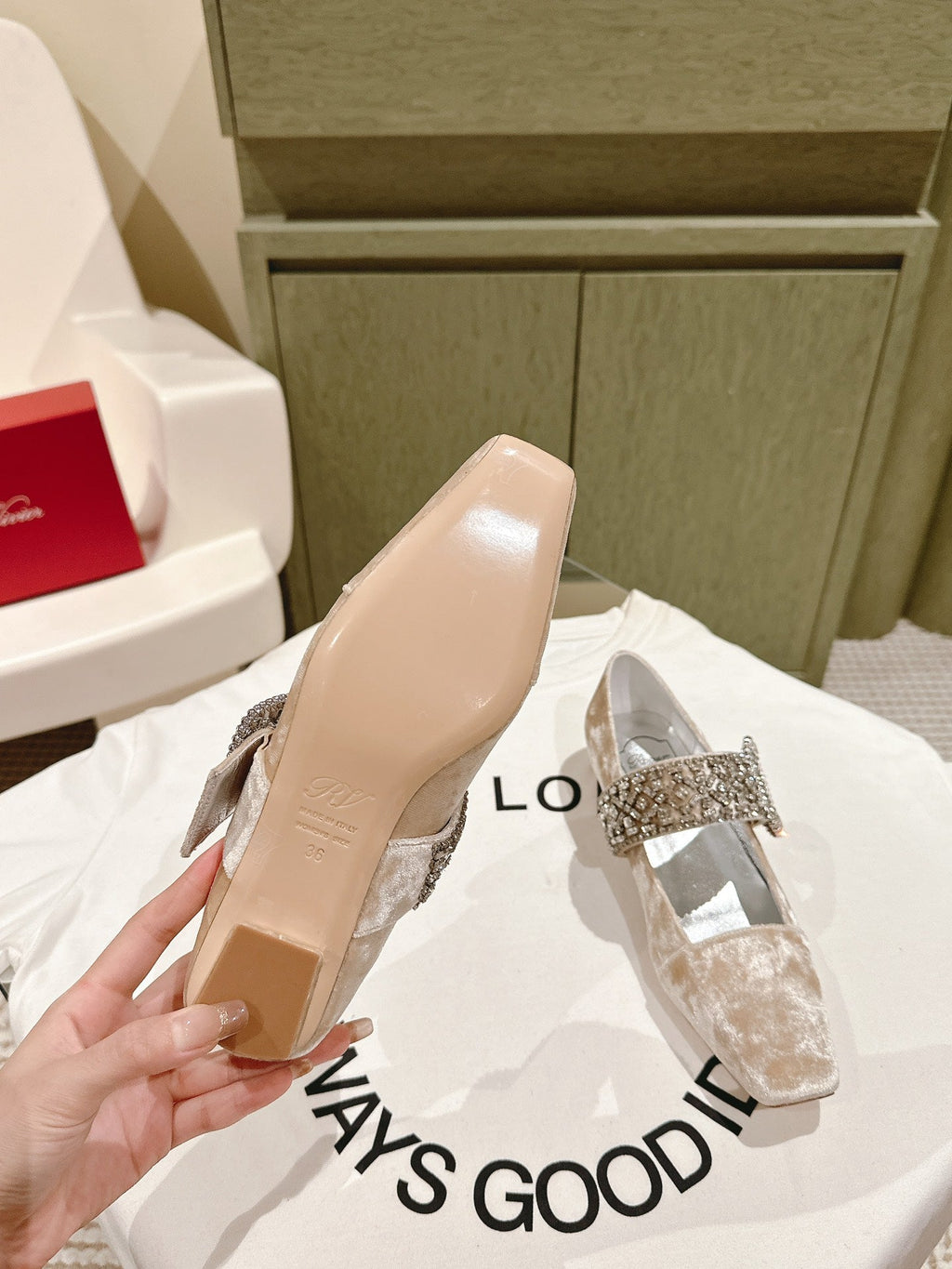 MARY JANES IN BEIGE VELVET WITH CRYSTAL EMBELLISHED STRAP