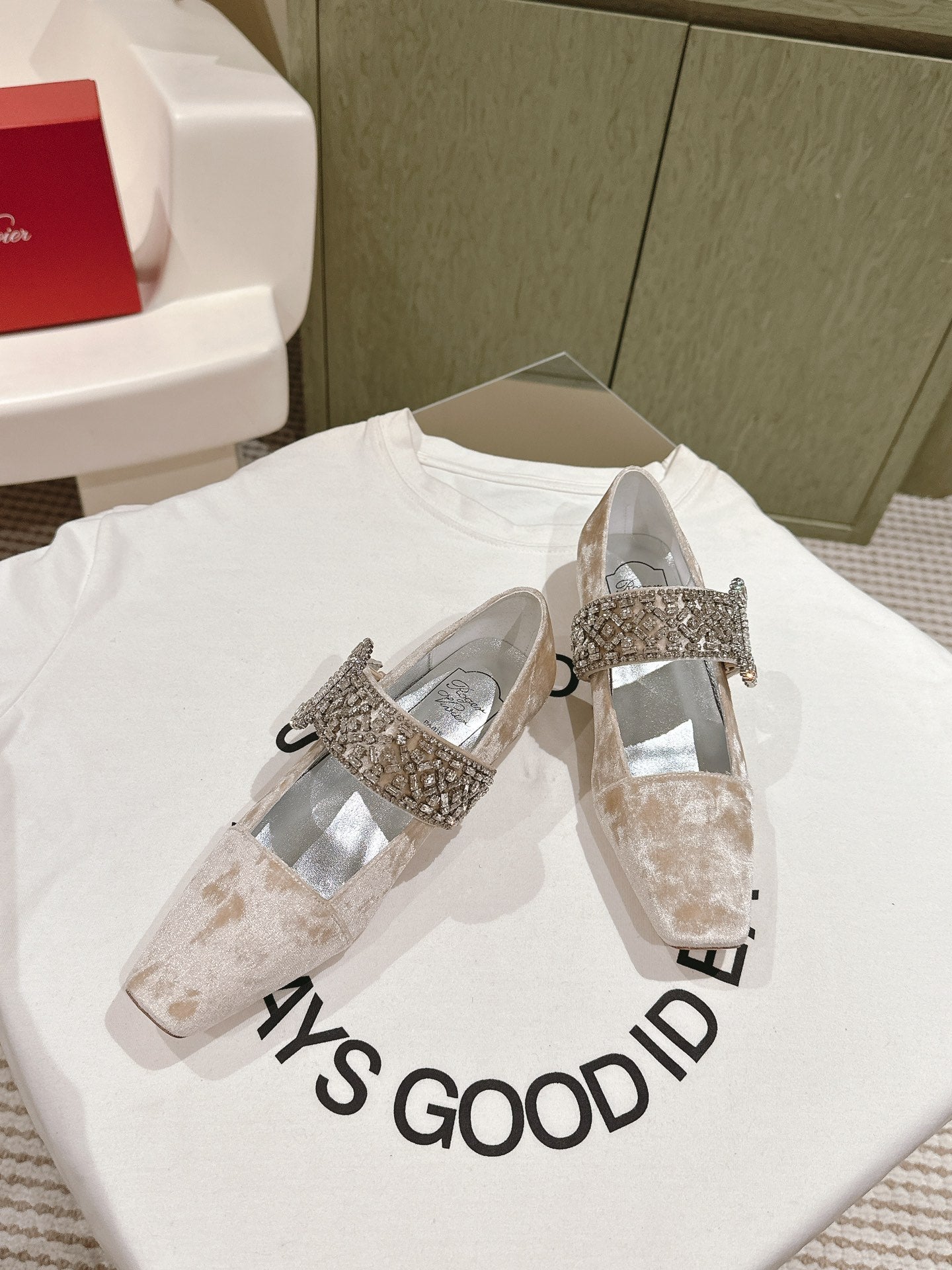 MARY JANES IN BEIGE VELVET WITH CRYSTAL EMBELLISHED STRAP