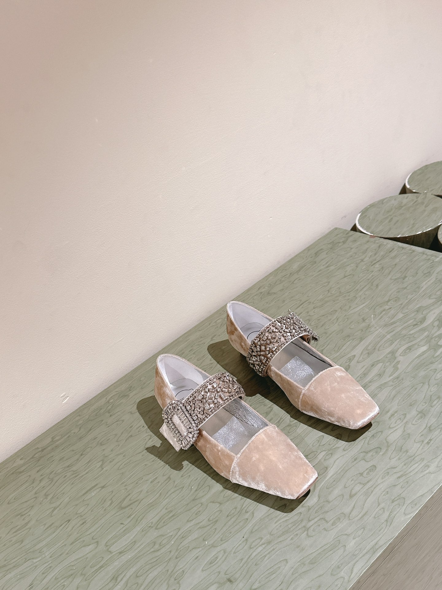 MARY JANES IN BEIGE VELVET WITH CRYSTAL EMBELLISHED STRAP