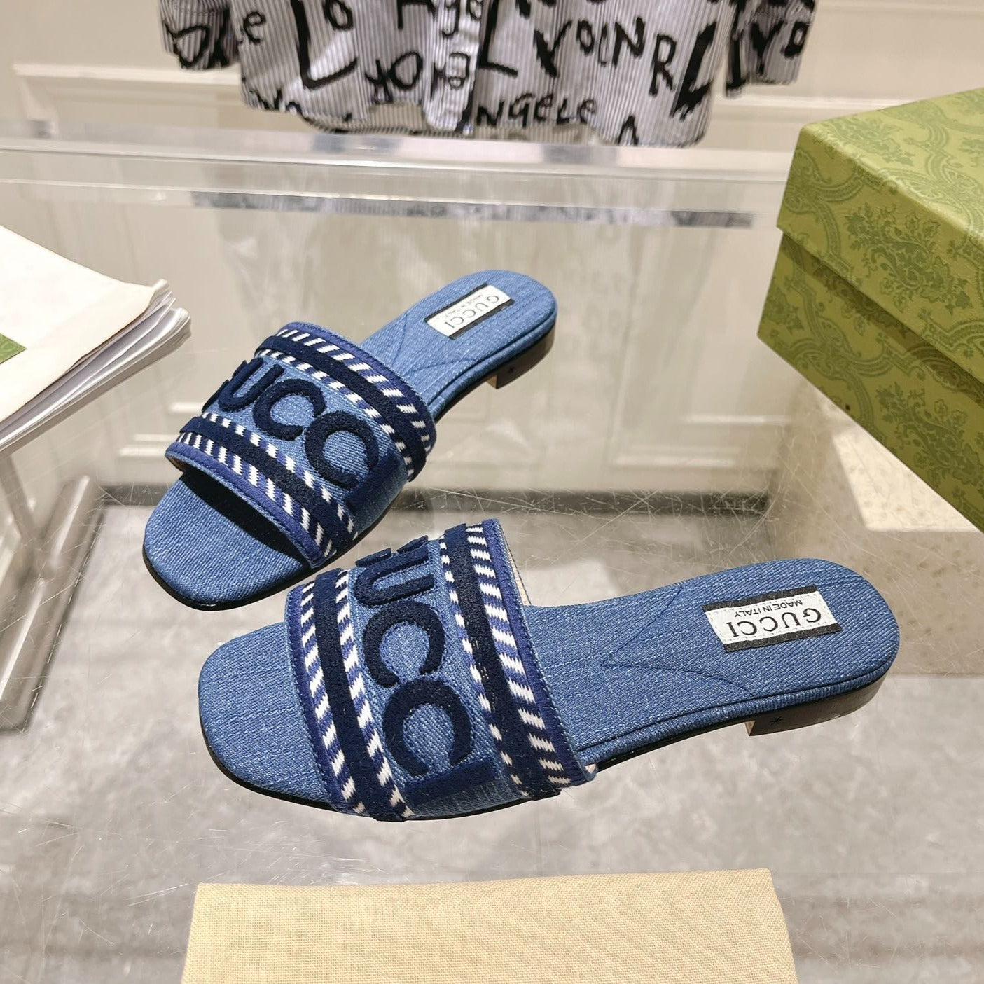 GG  Interlocking double G hollow slippers Neon Blue