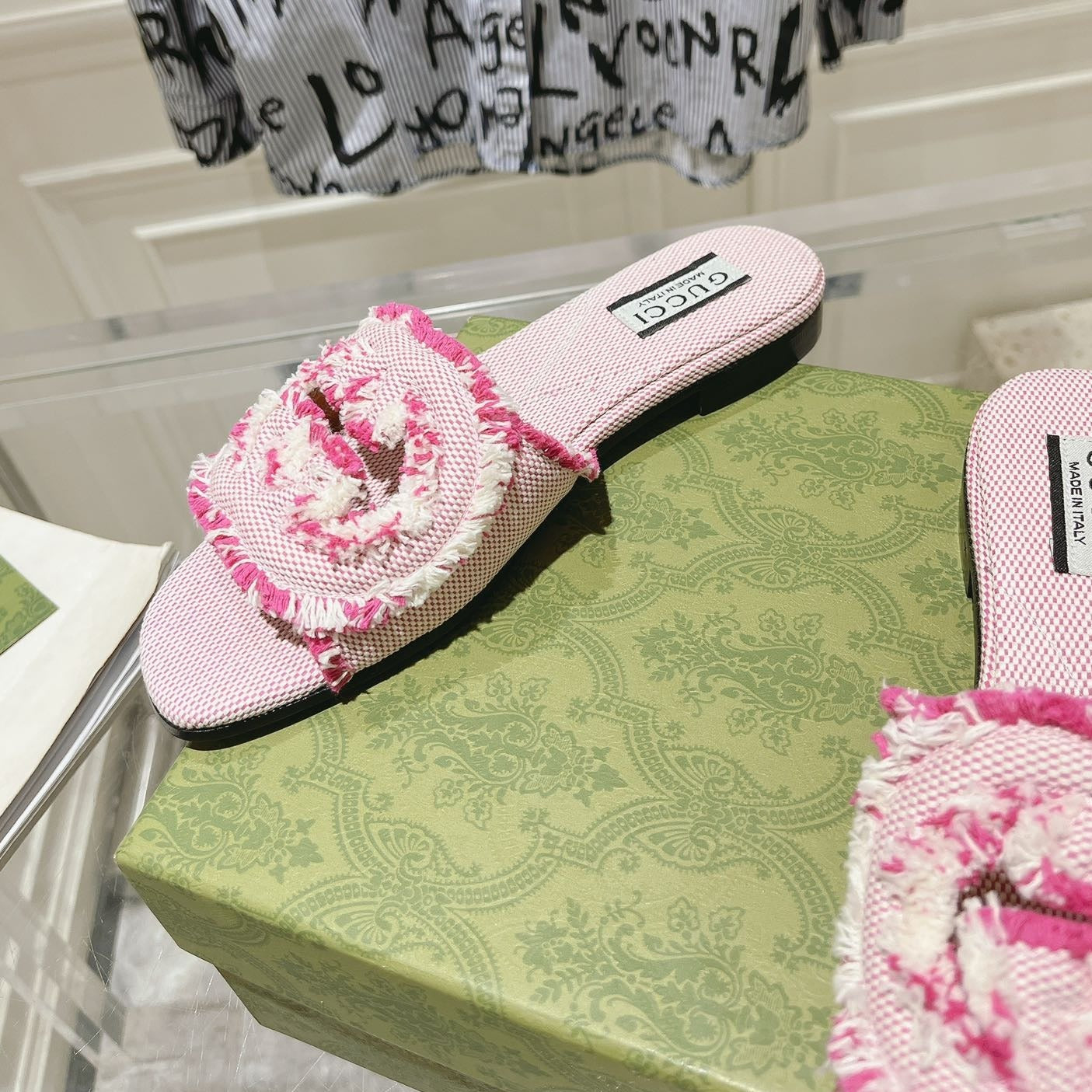 GG  Interlocking double G hollow slippers Neon pink