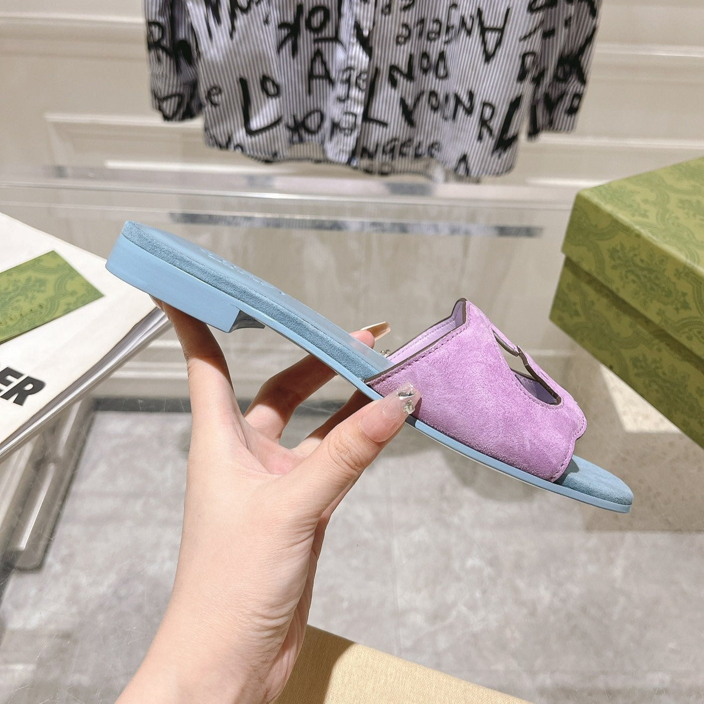 GG  Interlocking double G hollow slippers Orchid Purple Blue