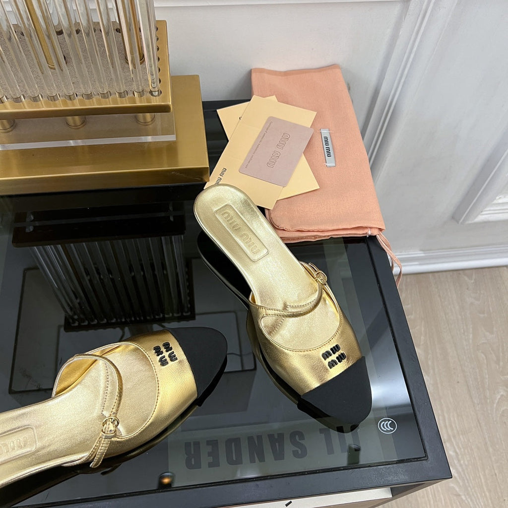 Cap Toe Mules Metallic Gold Color Sheepskin