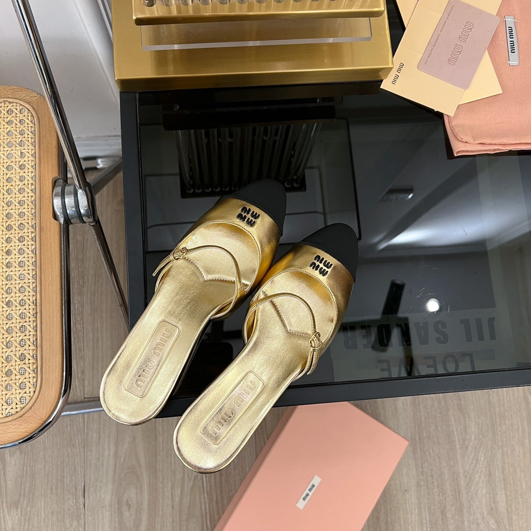 Cap Toe Mules Metallic Gold Color Sheepskin