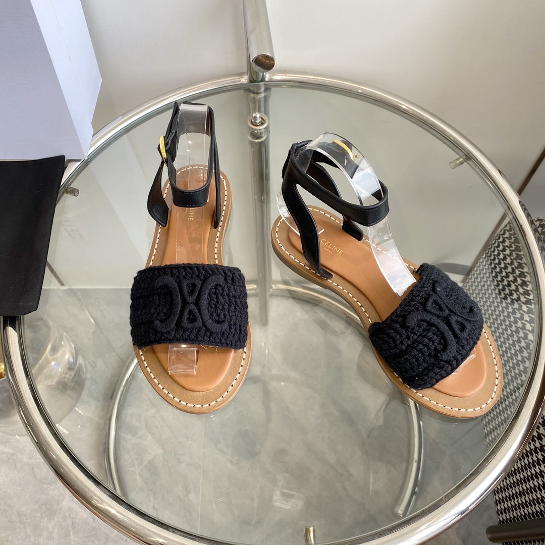 LYMPIA SANDAL IN BLACK TRIOMPHE MACCRAMÉ COTTON AND CALFSKIN