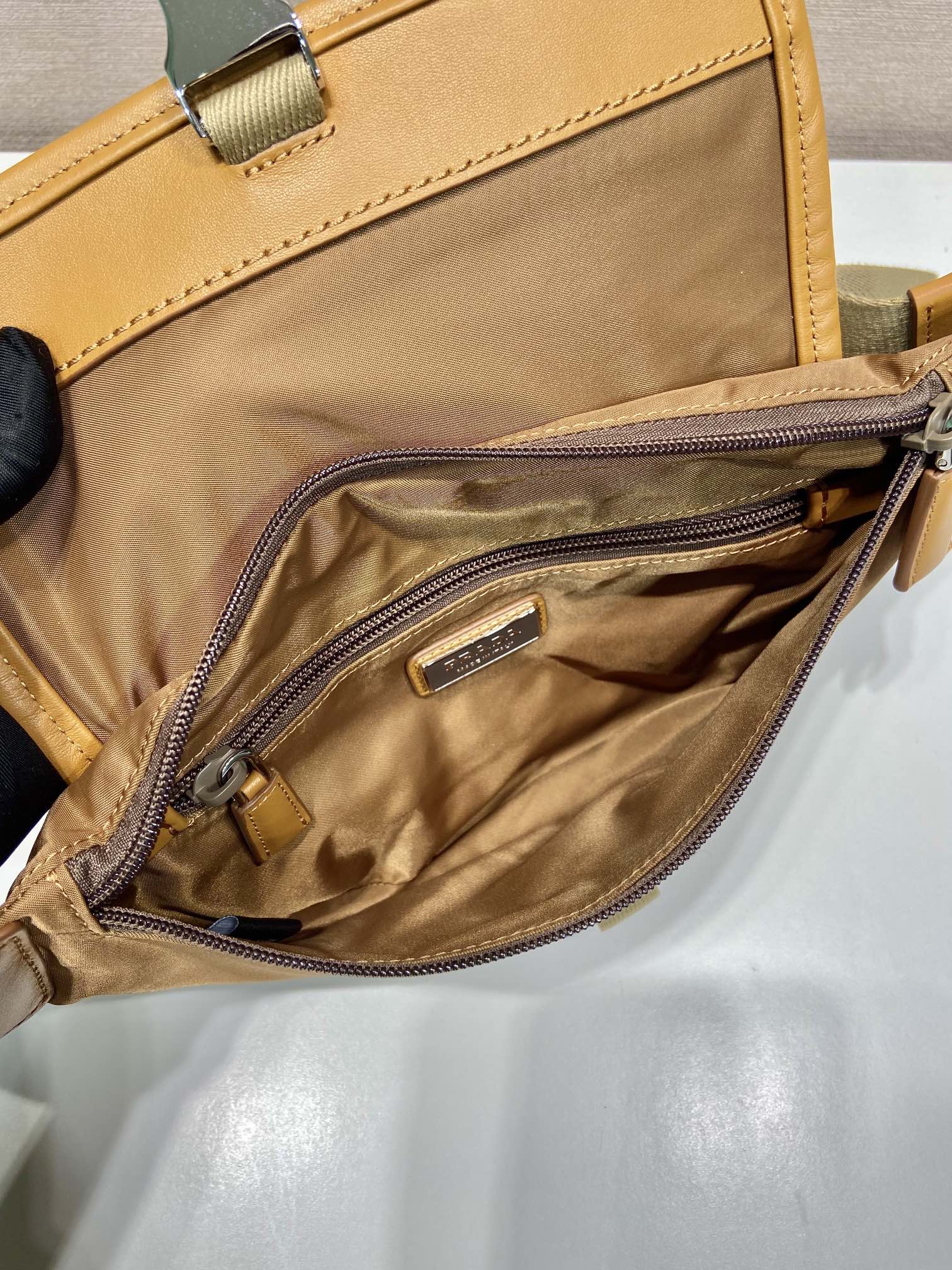 BELT BAG 18 IN SEPIA BROWN RE-NYLON AND CALFSKIN TRIM