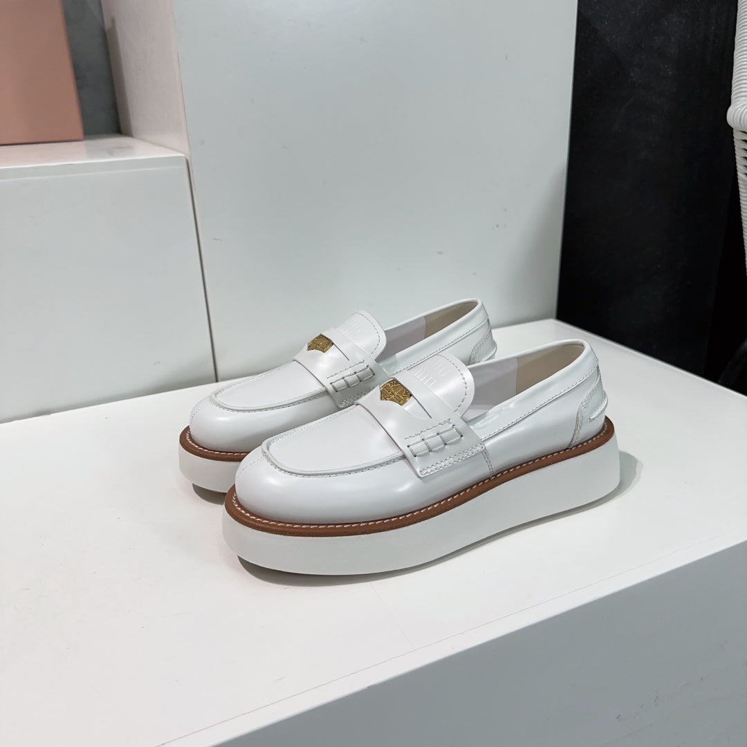 Thick-Soled Loafers Shoes White Cowhide