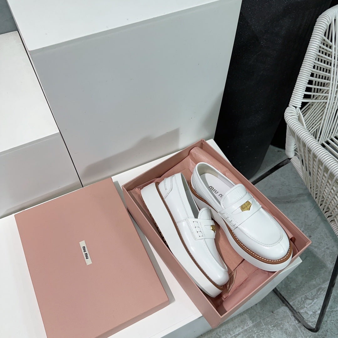 Thick-Soled Loafers Shoes White Cowhide