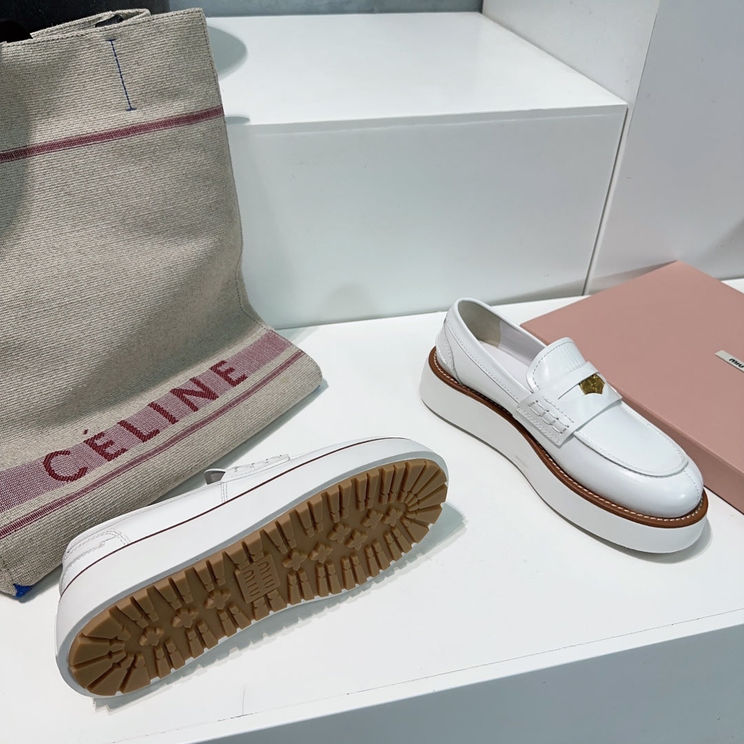 Thick-Soled Loafers Shoes White Cowhide