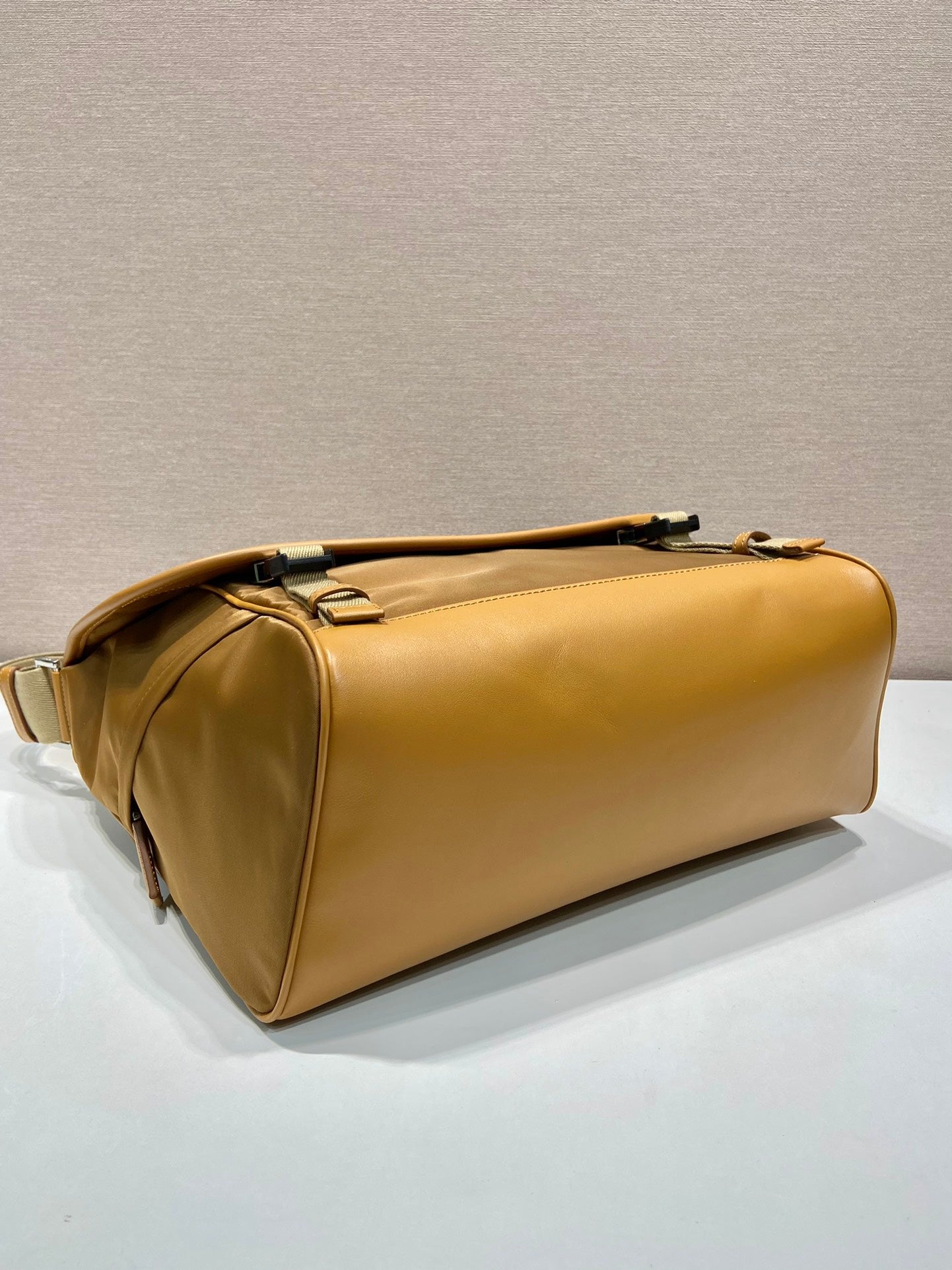 LARGE FLAP BAG 30 IN CIDER BROWN RE-NYLON AND CALFSKIN TRIM