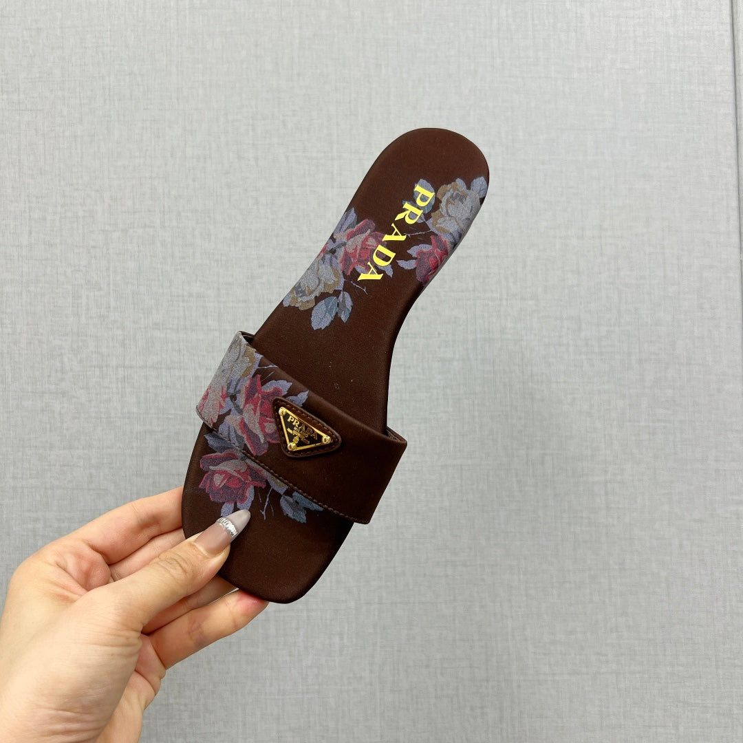 PRA PRINTED SLIDES SLIPPERS CINNAMON SATIN