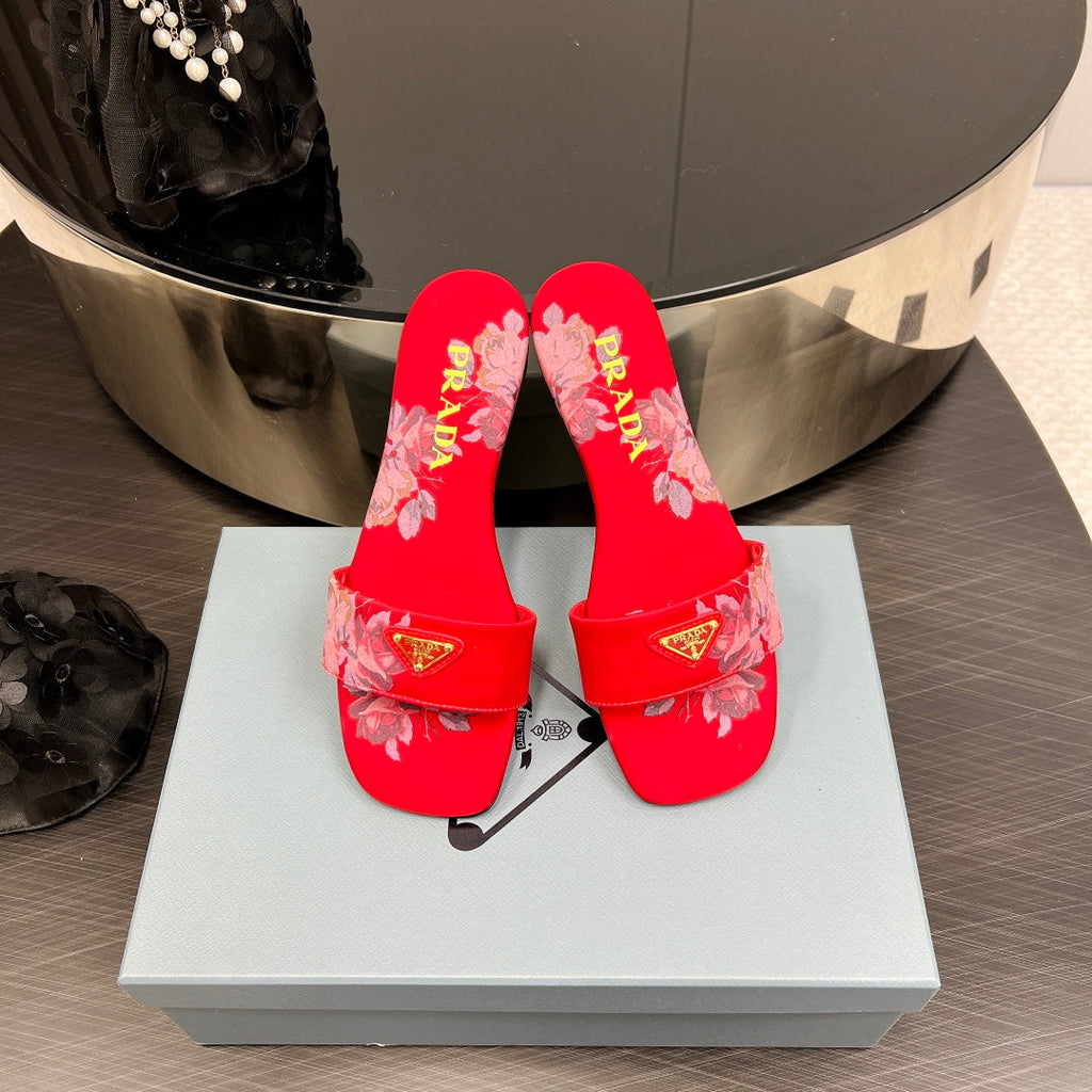 PRA PRINTED SLIDES SLIPPERS RED SATIN