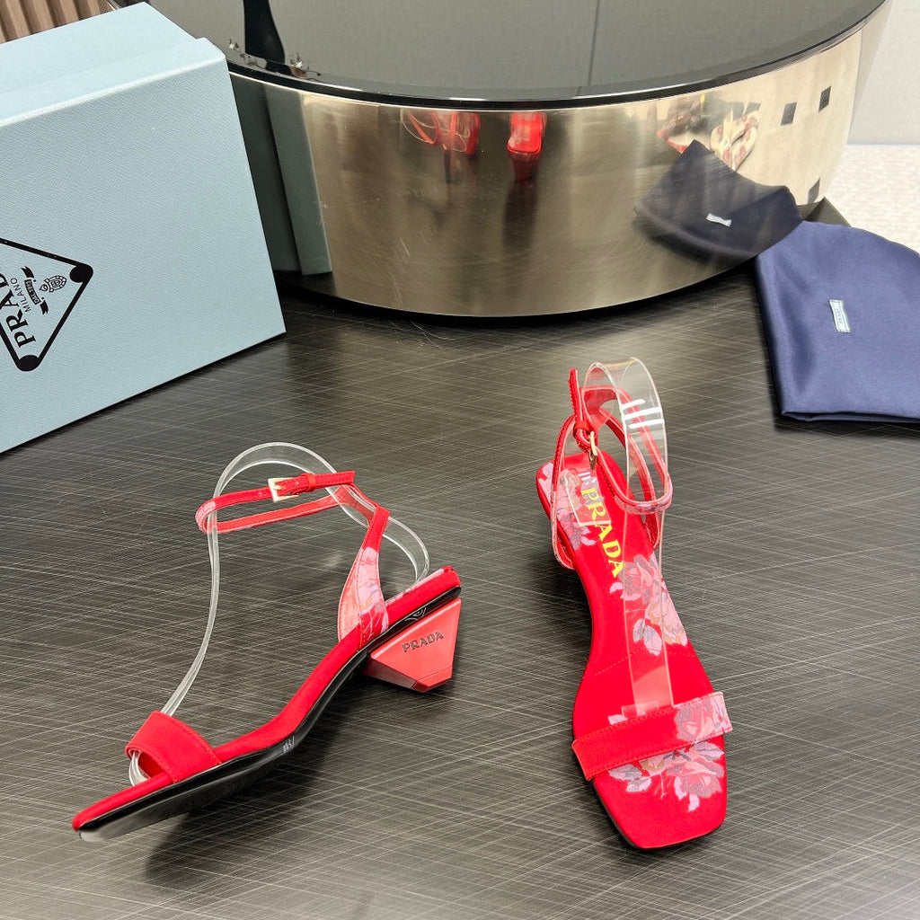 PRA TRIANGLE HEEL FLOWER MOTIF SATIN SANDALS RED