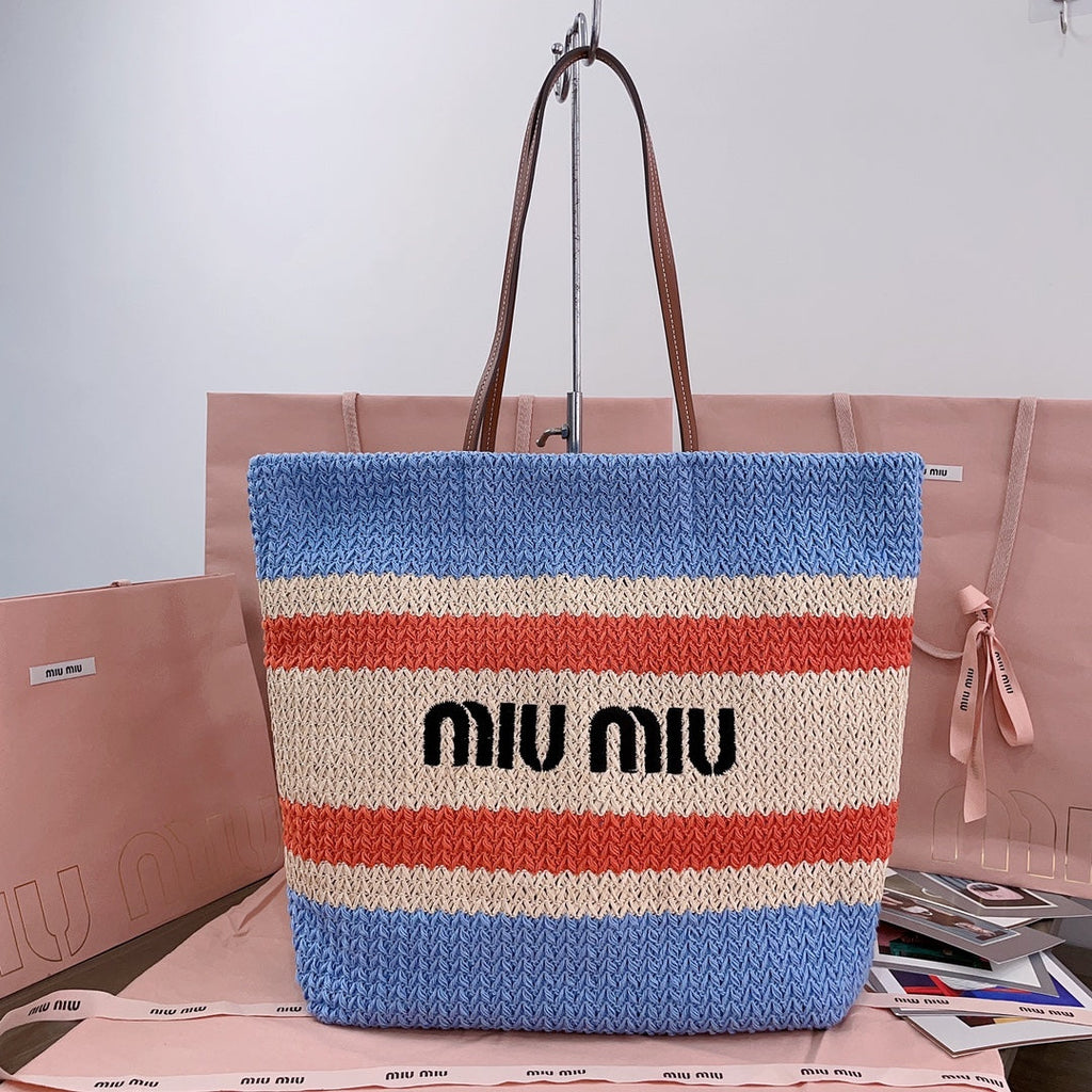 TOTE BAG 40 IN STRIPED PATTERN OF LIGHT BLUE ORANGE AND CREAM WHITE WOVEN RAFFIA