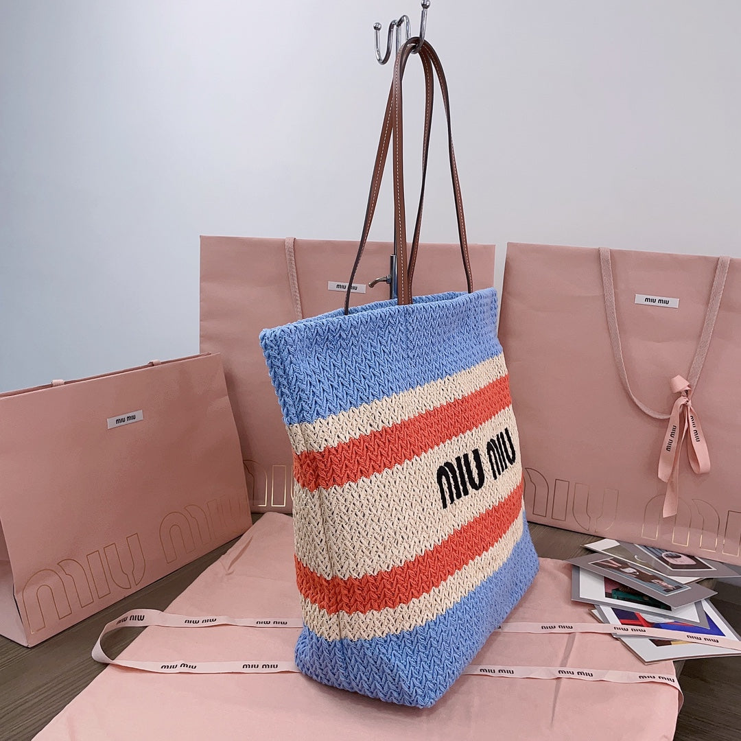 TOTE BAG 40 IN STRIPED PATTERN OF LIGHT BLUE ORANGE AND CREAM WHITE WOVEN RAFFIA