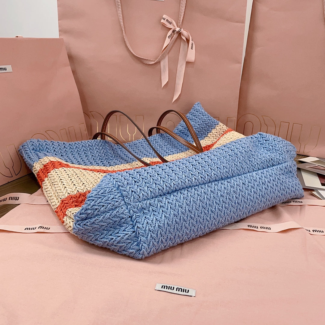 TOTE BAG 40 IN STRIPED PATTERN OF LIGHT BLUE ORANGE AND CREAM WHITE WOVEN RAFFIA