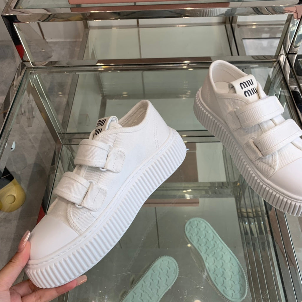 Thick-Soled Denim Sneakers White